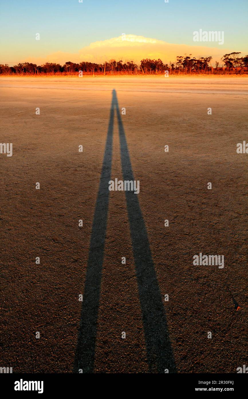Lunga ombra umana al tramonto, Lago Ninan Salt Lake, Victoria Plains, Australia Occidentale Foto Stock