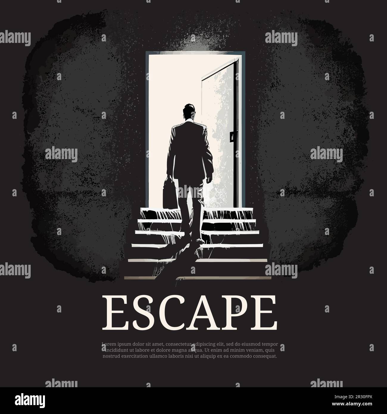 Vista posteriore di un uomo d'affari retroilluminato che cammina sulle scale verso Illustrazione Vettoriale