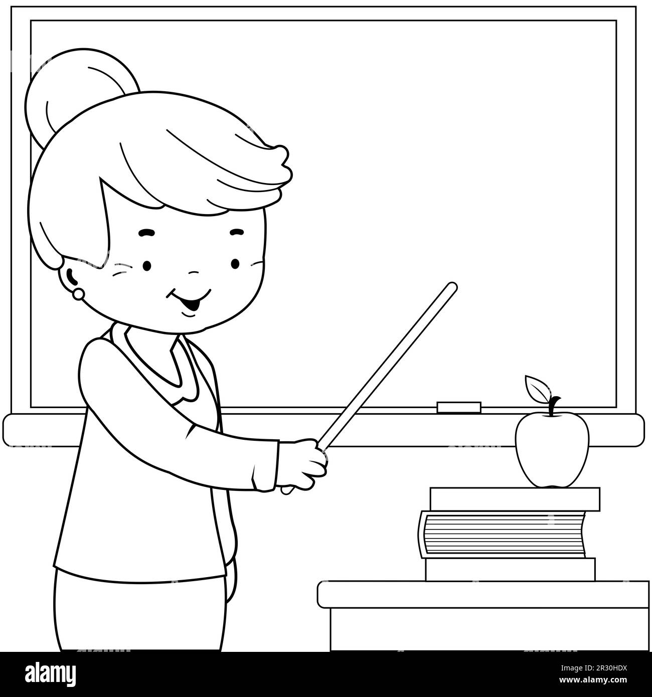 Un insegnante senior che insegna in classe. Pagina da colorare in bianco e nero Foto Stock