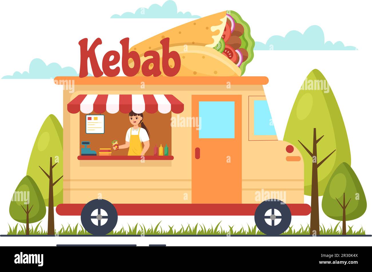 Kebab Vector Illustration con ripieno di pollo o carne di manzo, insalata e verdure in pane tortilla Wrap in Cartoon piatto modelli disegnati a mano Illustrazione Vettoriale