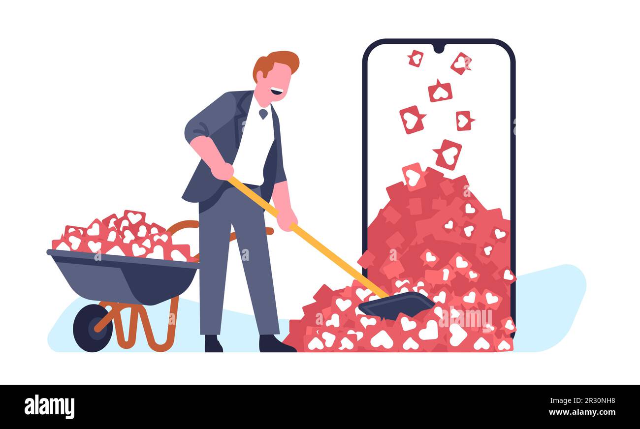 Un giovane gioioso raccoglie molti contenuti sui social media. Smartphone enorme con molte icone a forma di cuore. Guy carica la pala nel carrello, blogger felice o influencer Illustrazione Vettoriale