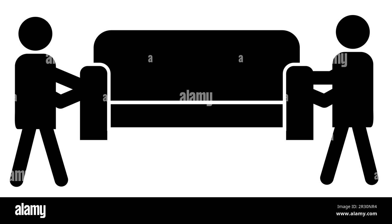 consegna uomini con divano icona in movimento. due movers portano un cartello con il divano. simbolo del servizio di consegna mobili. stile piatto. Foto Stock