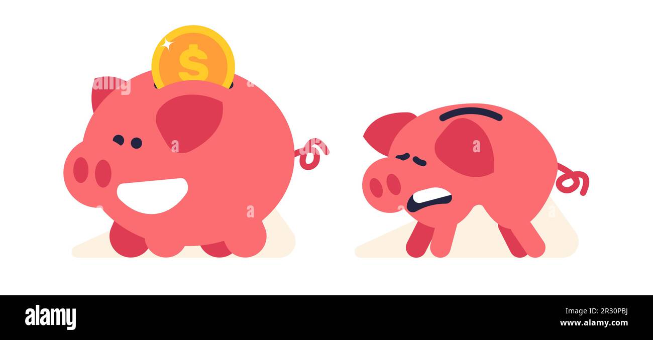 Sorridente allegro pieno e triste piggy banca vuota. Scatola di soldi grassa con moneta e pianto skinny. Risparmi finanziari. Reddito e denaro contante in thrift-box Illustrazione Vettoriale