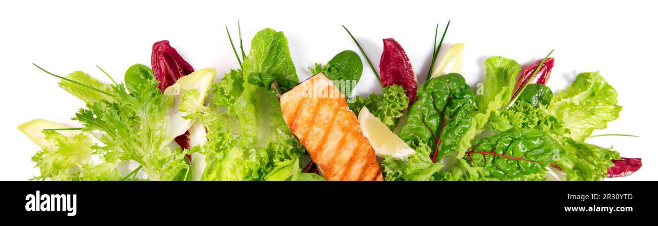 Filetto di salmone alla griglia con insalata fresca - Panorama della lattuga isolato Panorama su sfondo bianco Foto Stock