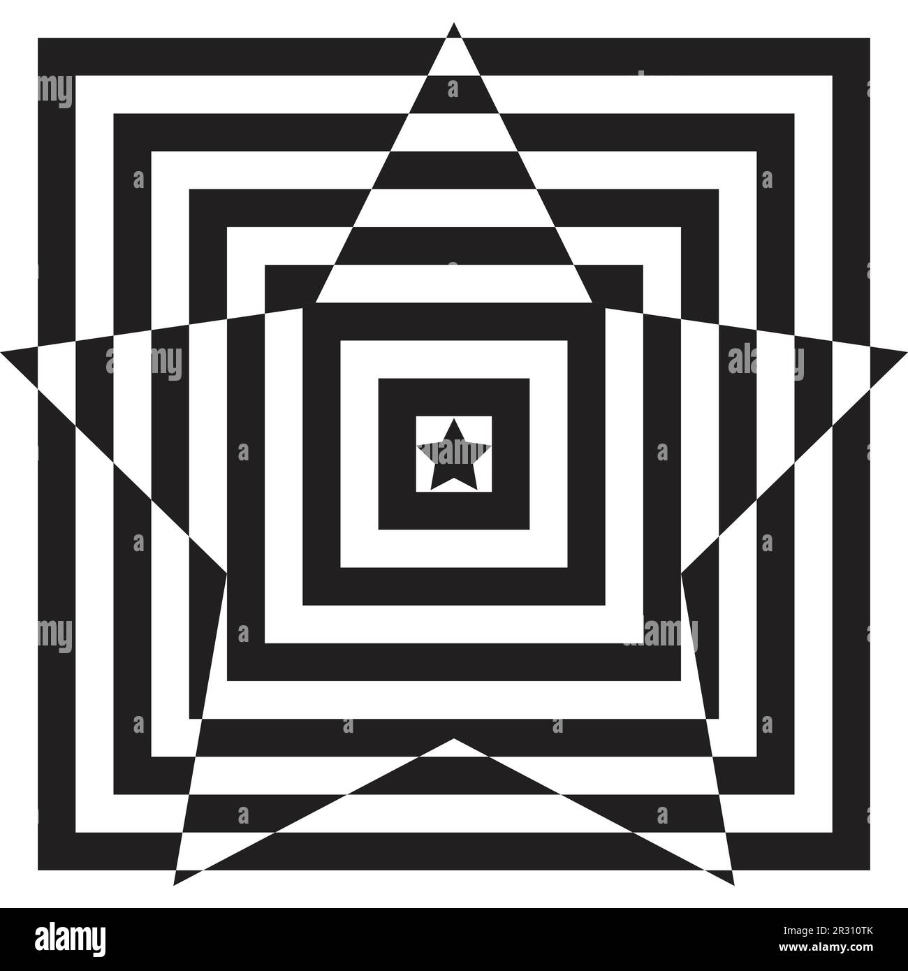 Sfondo astratto a motivi geometrici con stelle bianche e nere e forme quadrate Illustrazione Vettoriale