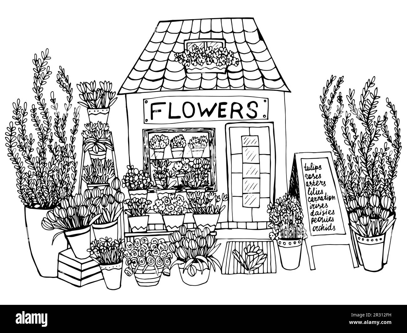 Pagina da colorare con negozio di fiori Illustrazione Vettoriale