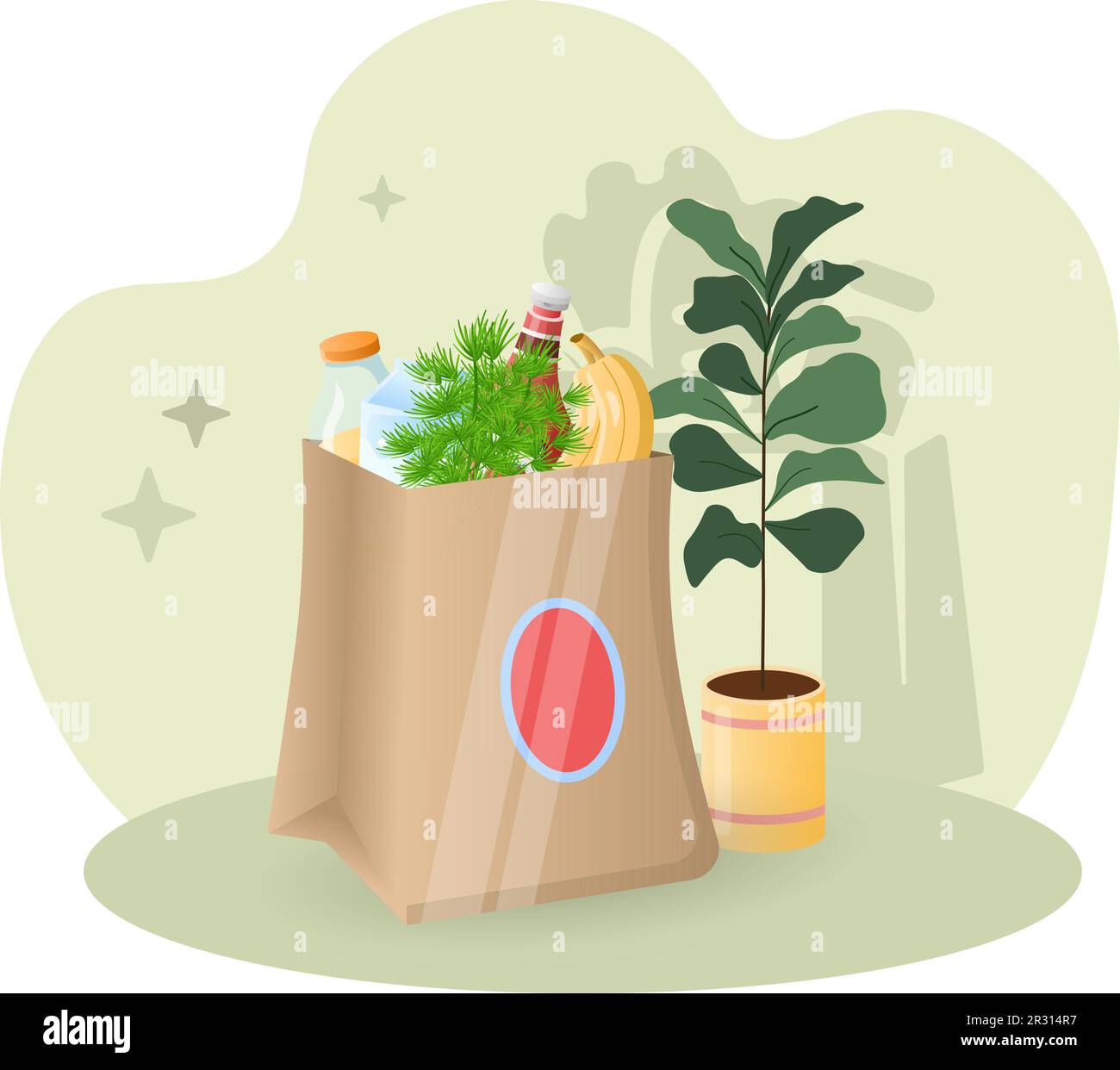 Illustrazione della borsa della spesa. Borsa, bottiglia, aneto, banana, pianta. Disegno grafico vettoriale modificabile. Illustrazione Vettoriale