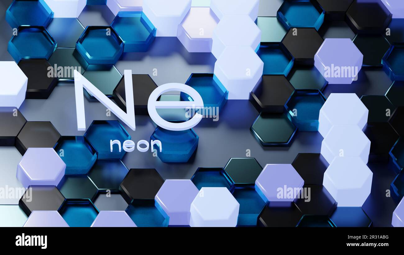 3D resa di reticolo di cristallo di vetro esagonale di elemento chimico di gas Neon. Produzione di materiale a nido d'ape industriale. Grigio blu realistico Foto Stock