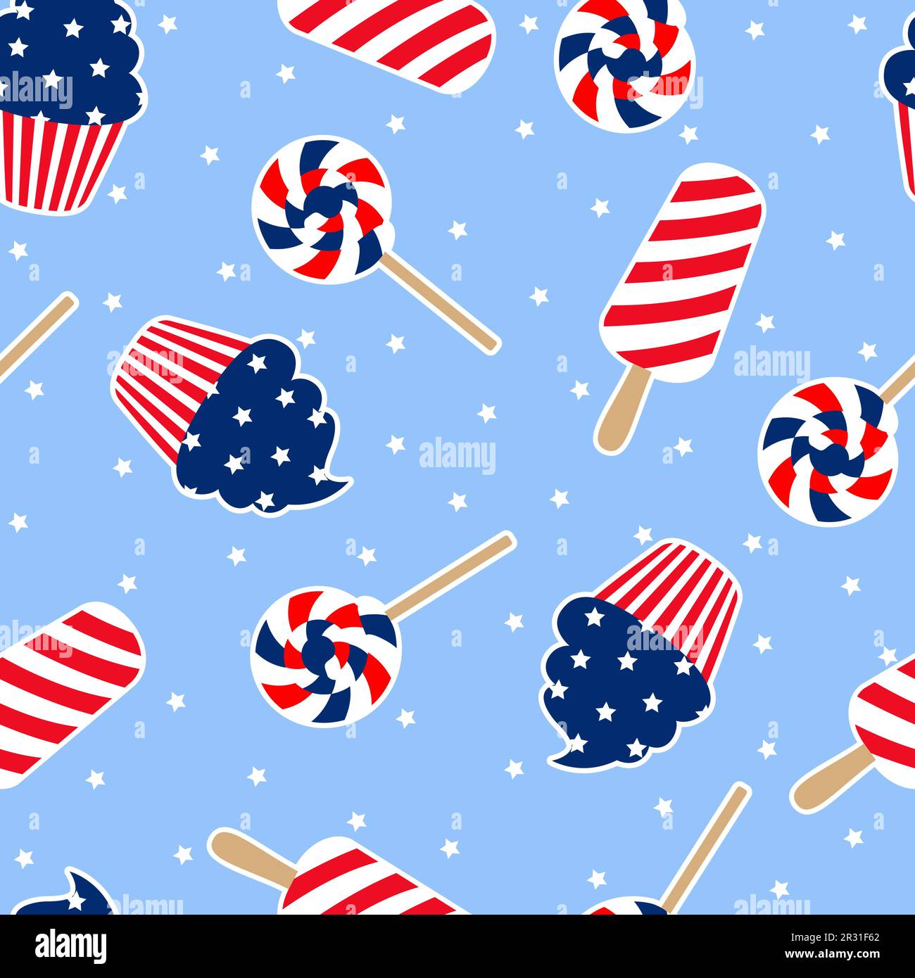 Dolci cupcake, lollipop, gelato per il 4th luglio USA Happy Independence Day. Disegno piano disegno cartoon senza cuciture motivo Illustrazione Vettoriale