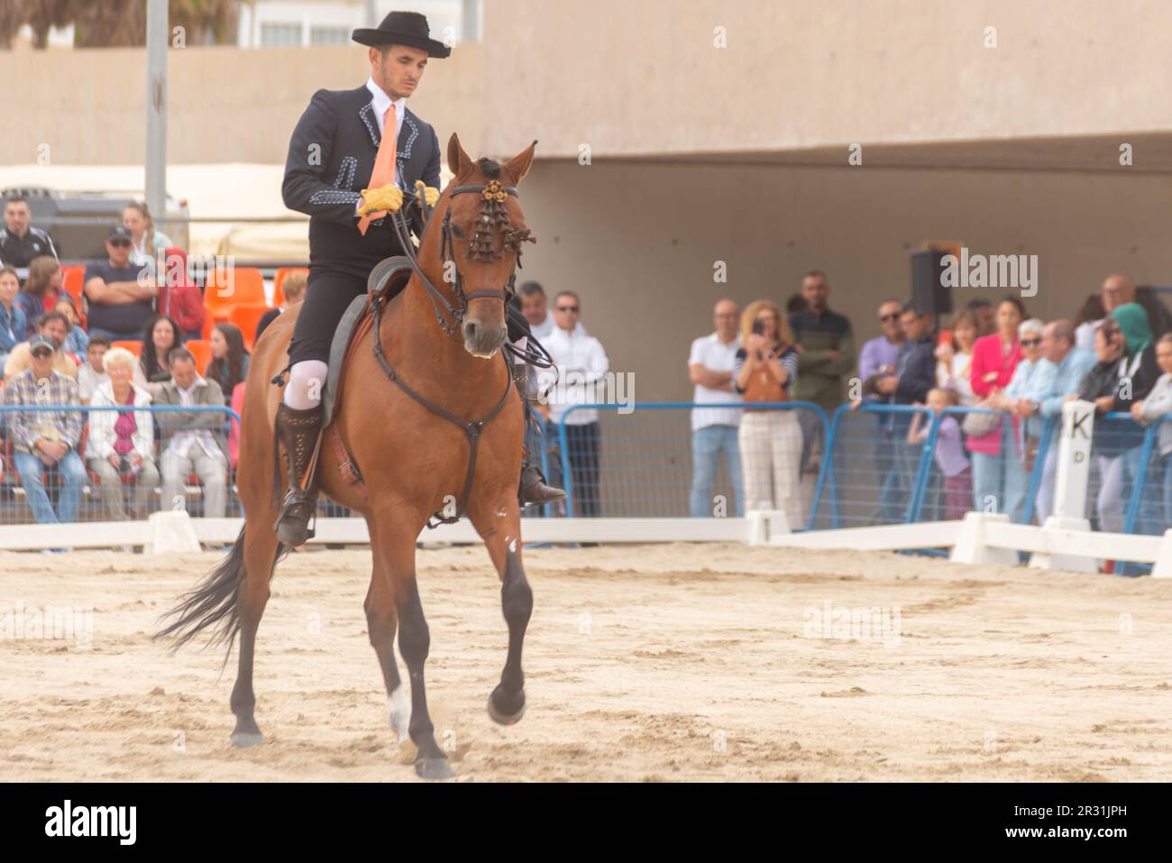 ROQUETAS DE MAR, SPAGNA - 21 MAGGIO 2023 dimostrazione di abilità di equitazione durante la gara di guida a cavallo spagnolo Foto Stock