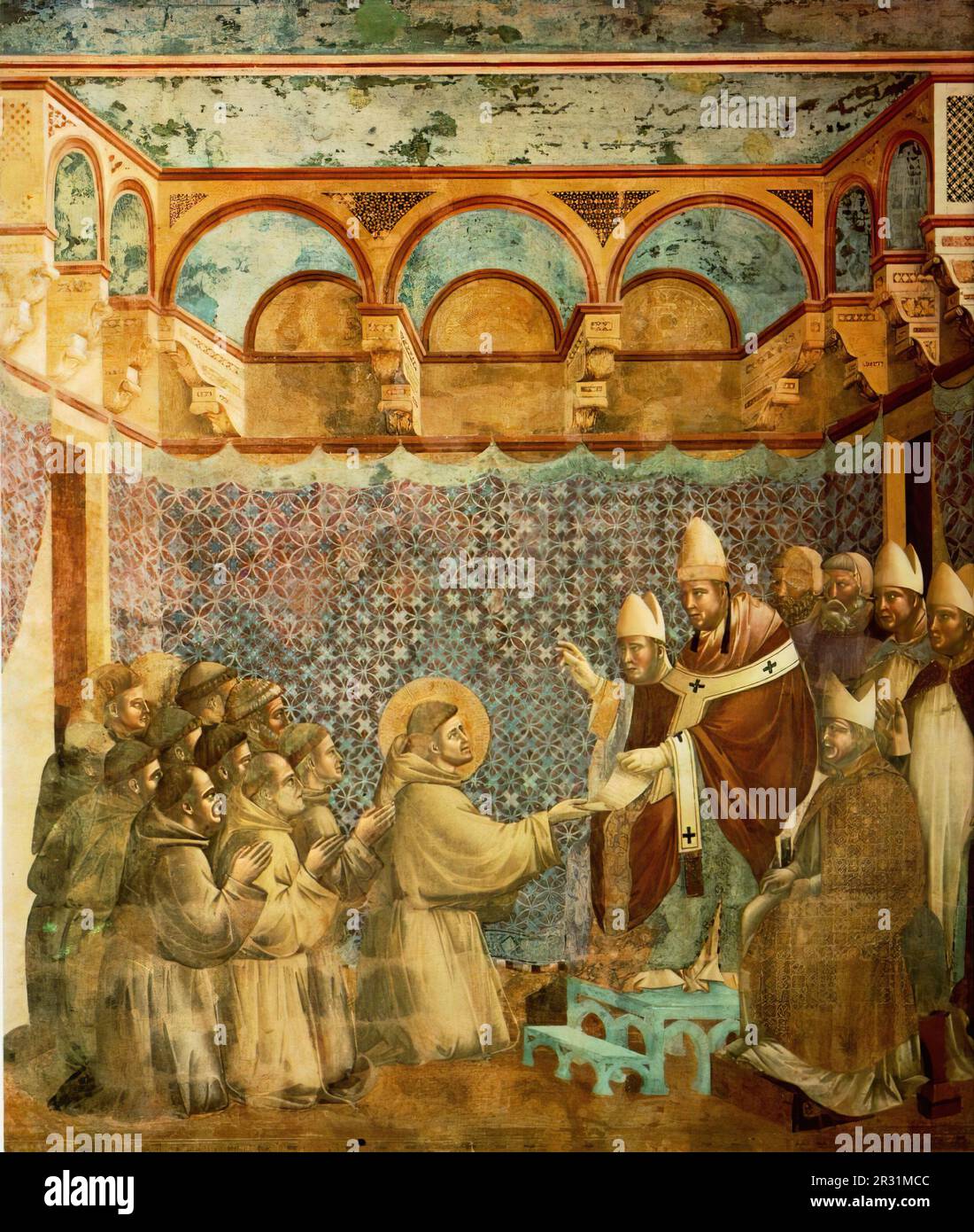 GIOTTO di Bondone (1267, Vespignano, 1337, Firenze) leggenda di San Francesco: 7. Conferma della regola 1297-99 fresco, 270 x 230 cm Chiesa superiore Foto Stock