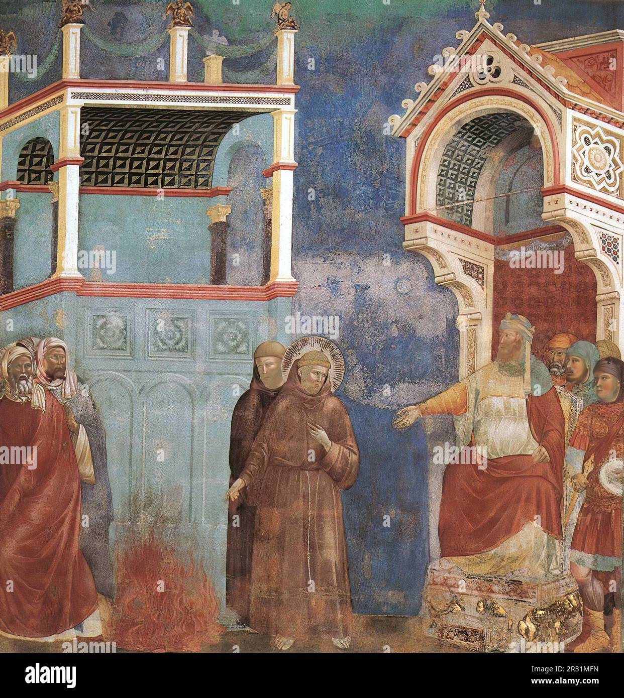 GIOTTO di Bondone (1267, Vespignano, 1337, Firenze) leggenda di San Francesco: 11. San Francesco davanti al sultano (prova del fuoco) 1297-1300 fresco, 27 Foto Stock