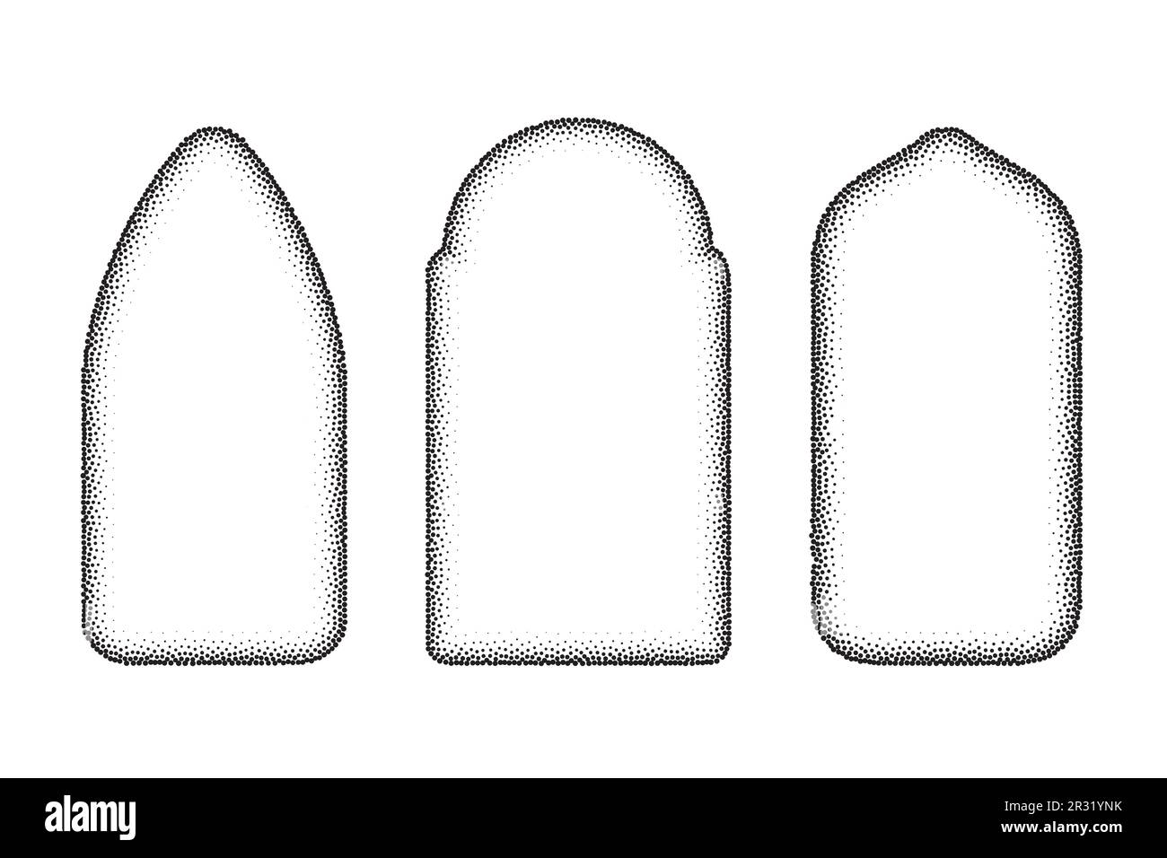 Finestre gotiche della chiesa. Archi vettoriali forme puntinate. Silhouette di semplici porte medievali su sfondo bianco. Illustrazione Vettoriale