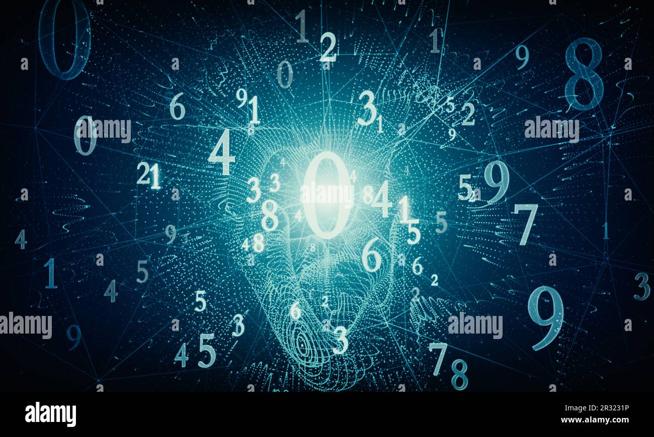 Numerologia. Buco nero (conoscenza segreta dei numeri). Sfondo esoterico con numeri. Messa a fuoco morbida e profondità di campo. Rendering 3D. Foto Stock