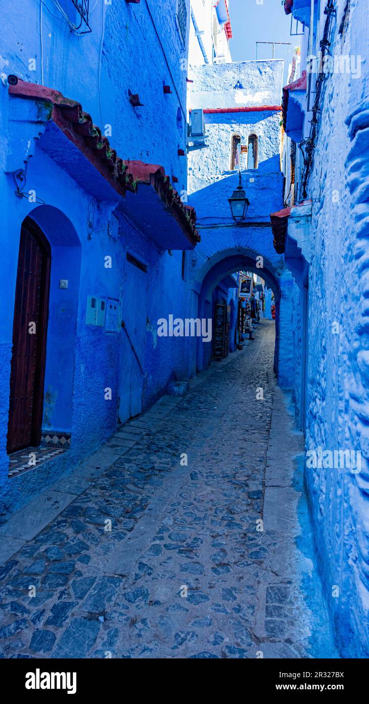 Un vicolo fiancheggiato da edifici di colore blu lascia il posto a un sentiero ad arco, che conduce l'occhio in avanti e che indica la vibrante architettura della città. Foto Stock