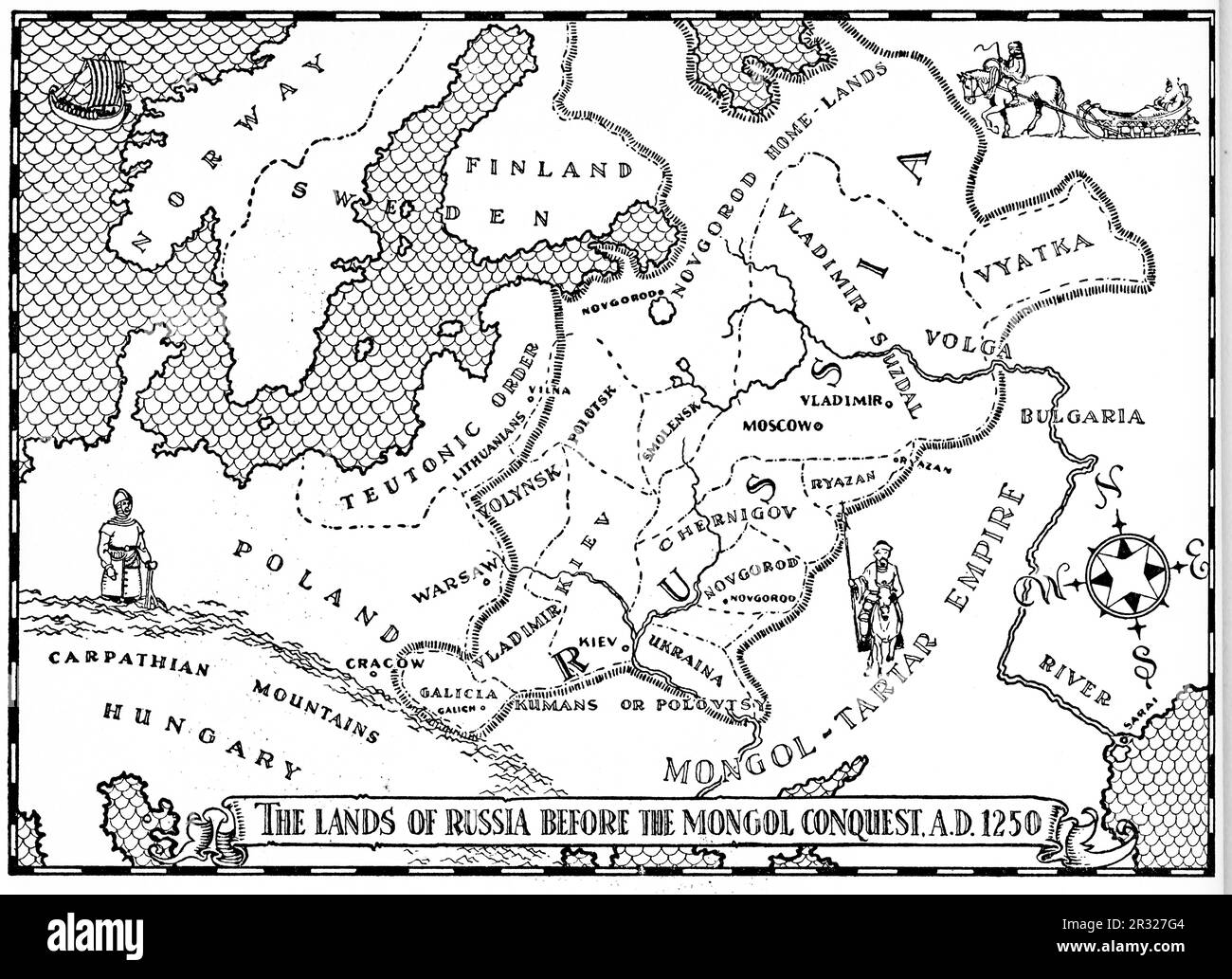 Le Terre della Russia prima della conquista mongola A.D. 1250. Una mappa che mostra la portata della conquista della Russia da parte dell'Impero Mongolo. Genghis Khan (c1162-1227) fu il fondatore e primo khagan dell'Impero Mongolo, che in seguito divenne il più grande impero terrestre contiguo della storia. Foto Stock