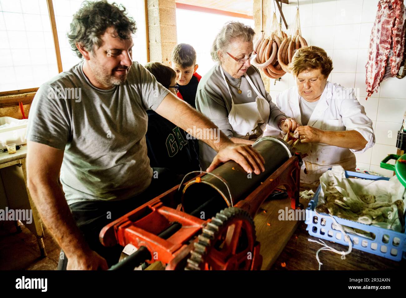 Tradicional matanza del cerdo, llucmajor,Mallorca, Islas Baleares, Spagna. Foto Stock