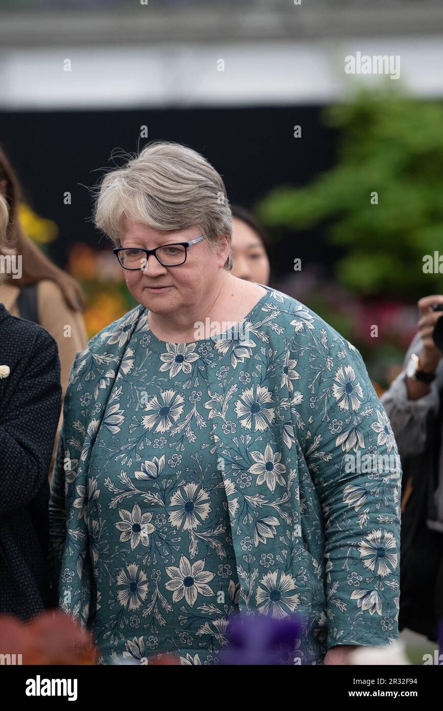 Londra, Regno Unito. 22 maggio, 2023. Il deputato conservatore, Thérèse Coffey, Segretario di Stato per l'ambiente, l'alimentazione e gli affari rurali è stato oggi alla RHS Chelsea Flower Show Press Day. Gli ambientalisti la chiedono di agire con maggiore fermezza per impedire alle compagnie idriche di inquinare fiumi e mare intorno all'Inghilterra scaricando regolarmente le acque reflue. I surfisti contro Sewage hanno tenuto un certo numero di proteste lungo le acque costiere del sud-est il sabato sull'inquinamento del mare. Credit: Maureen McLean/Alamy Live News Foto Stock