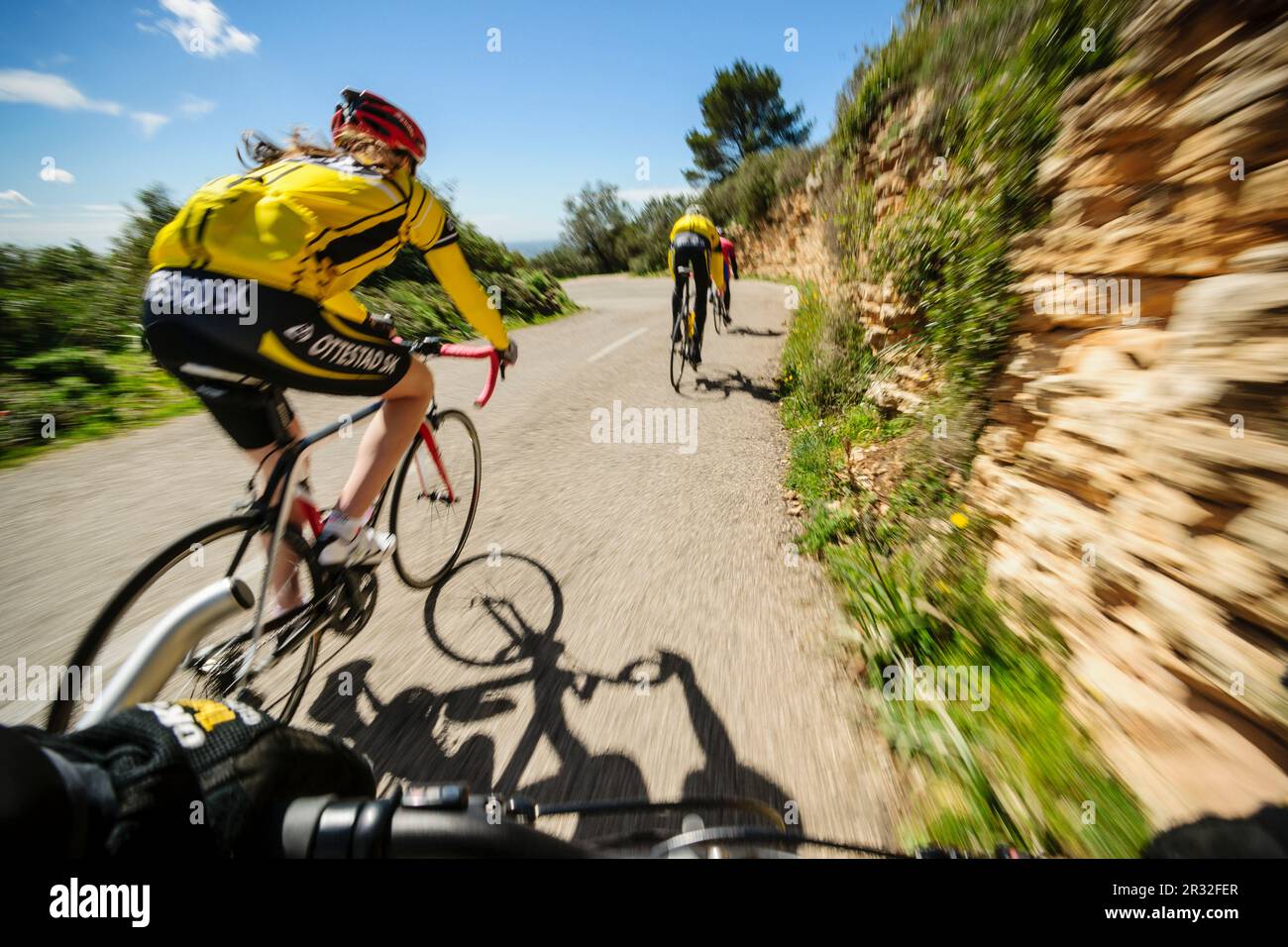 Ciclistas en el Puig de Cura, Algaida, Mallorca, Islas Baleares, España, Europa. Foto Stock
