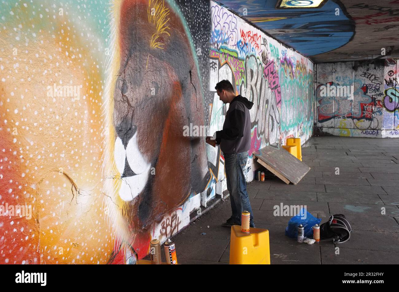 Londra, Inghilterra - 26 maggio 2013: Un giovane artista di graffiti spray sta dipingendo su una parete di cemento la testa di un leone; questo graffiti e altri sono sulla R Foto Stock