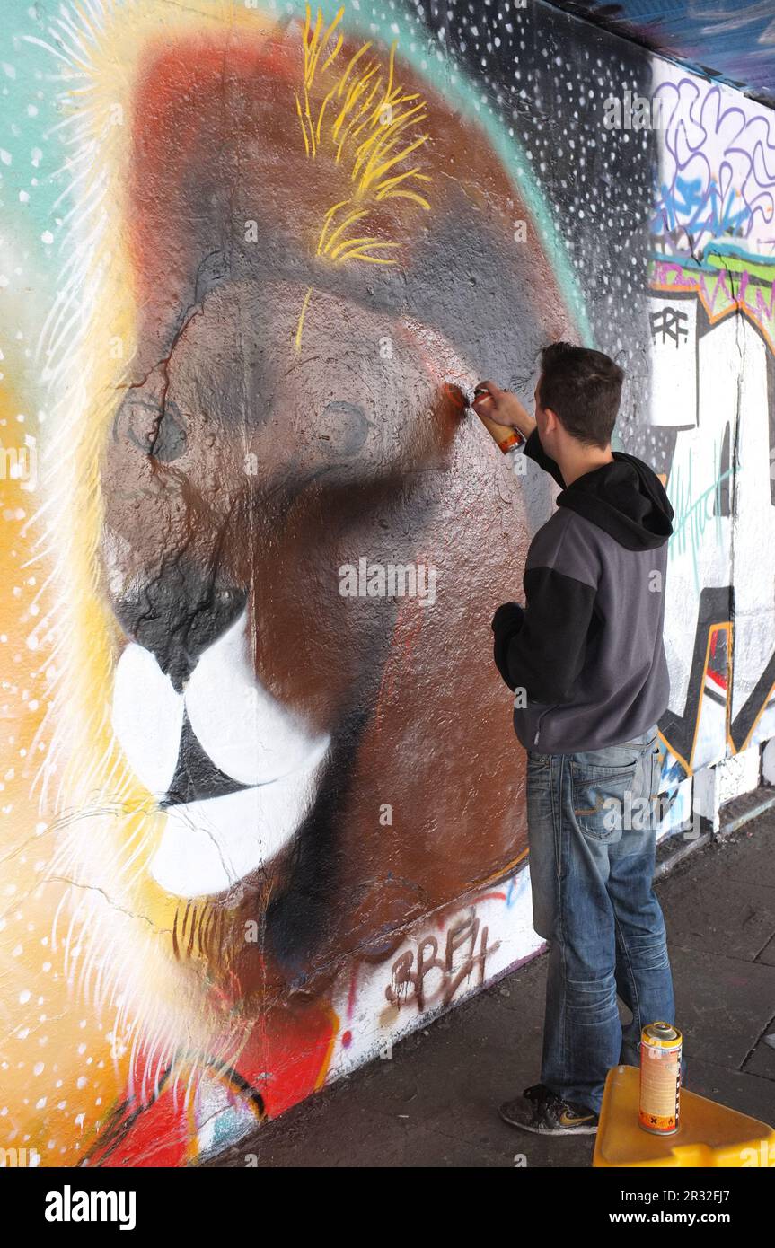 Londra, Inghilterra - 26 maggio 2013: Un giovane artista di graffiti spray sta dipingendo su una parete di cemento la testa di un leone; questo graffiti e altri sono sulla R Foto Stock
