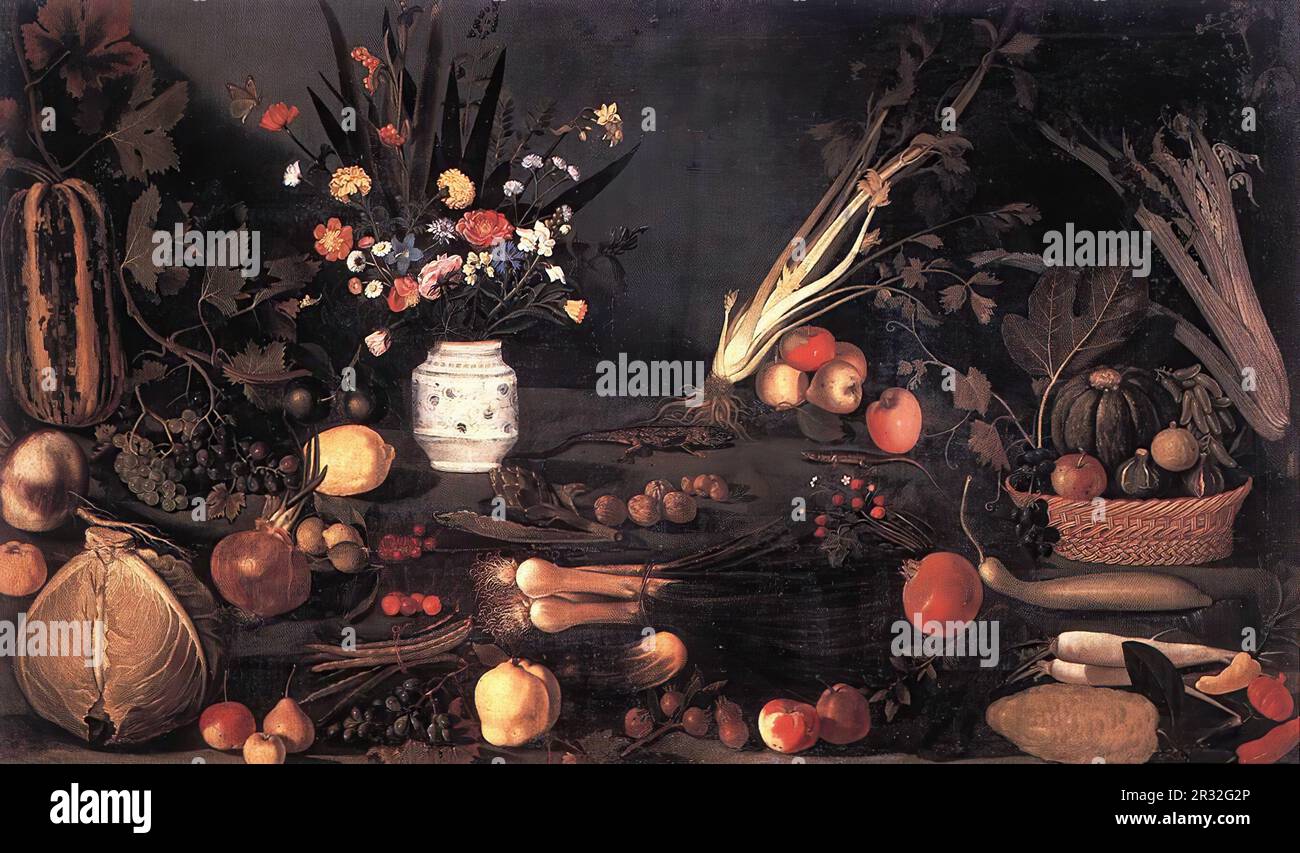 CARAVAGGIO (1573, Caravaggio, 1610, Porto Ercole) Still-Life con fiori e frutta 1590s olio su tela, 105 x 184 cm Galleria Borghese, Roma Foto Stock