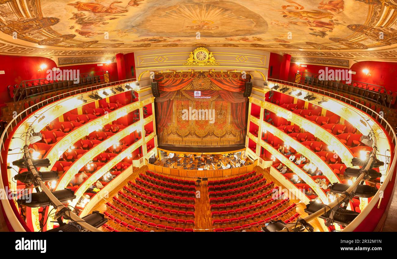 Teatro Principal, 1857. Vista integrale della sala e del palco, Teatre Principal, Palma di Maiorca. spagna. Foto Stock