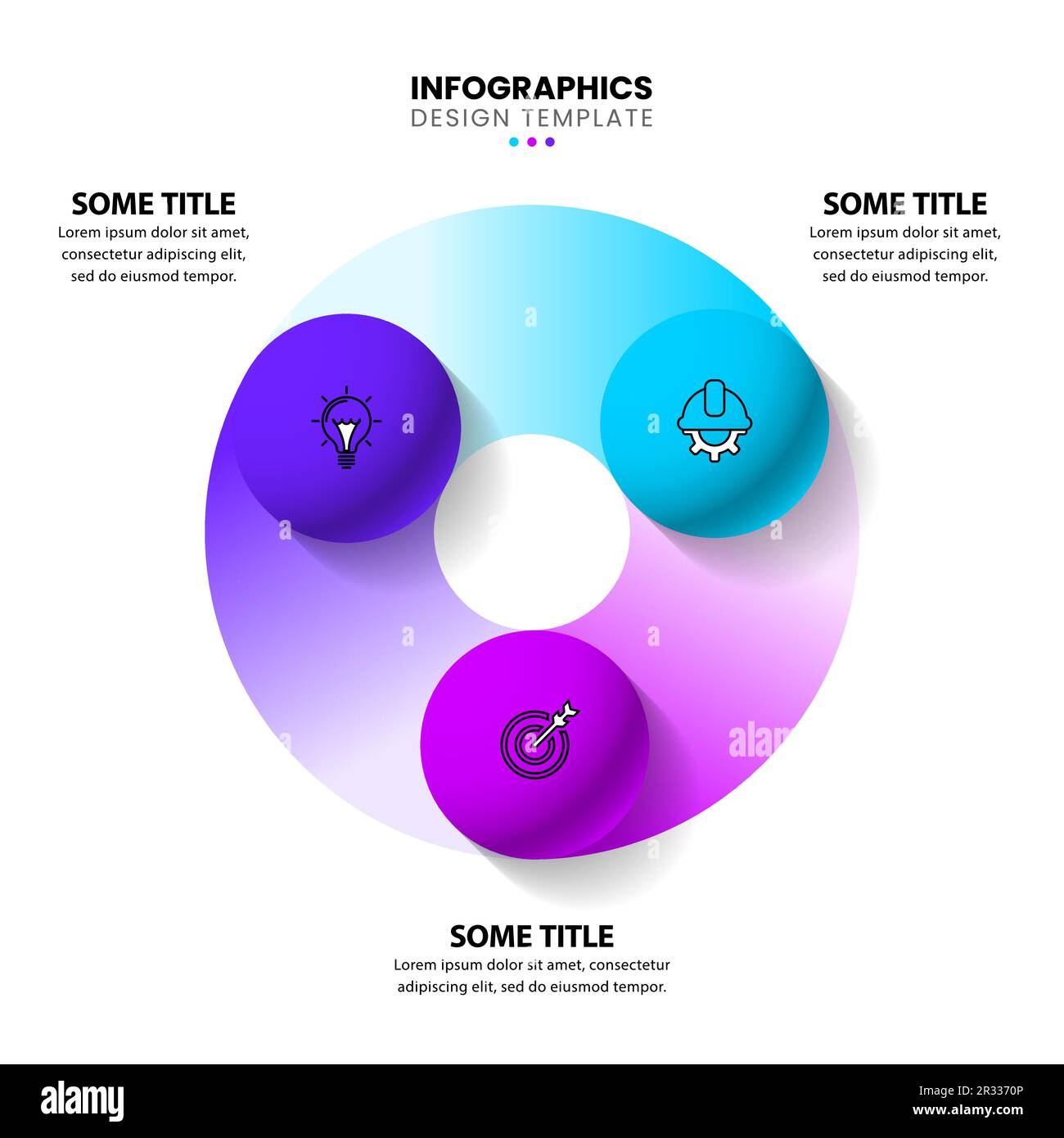 Modello infografico con icone e 3 opzioni o passaggi. Sfere. Può essere utilizzato per il layout del flusso di lavoro, il diagramma, il banner, il webdesign. Illustrazione vettoriale Illustrazione Vettoriale