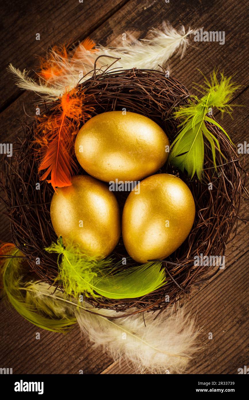 Golden uova nel nido Foto Stock
