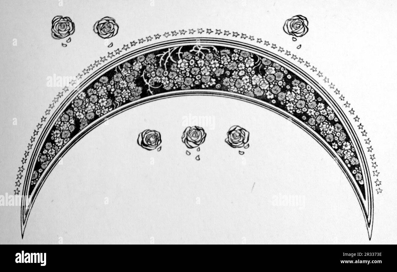 Da parte di Rene Bull Disegno a linee di una mezzaluna decorata con fiori ornati. Dal Rubaiyat di Omar Khayyam. Foto Stock