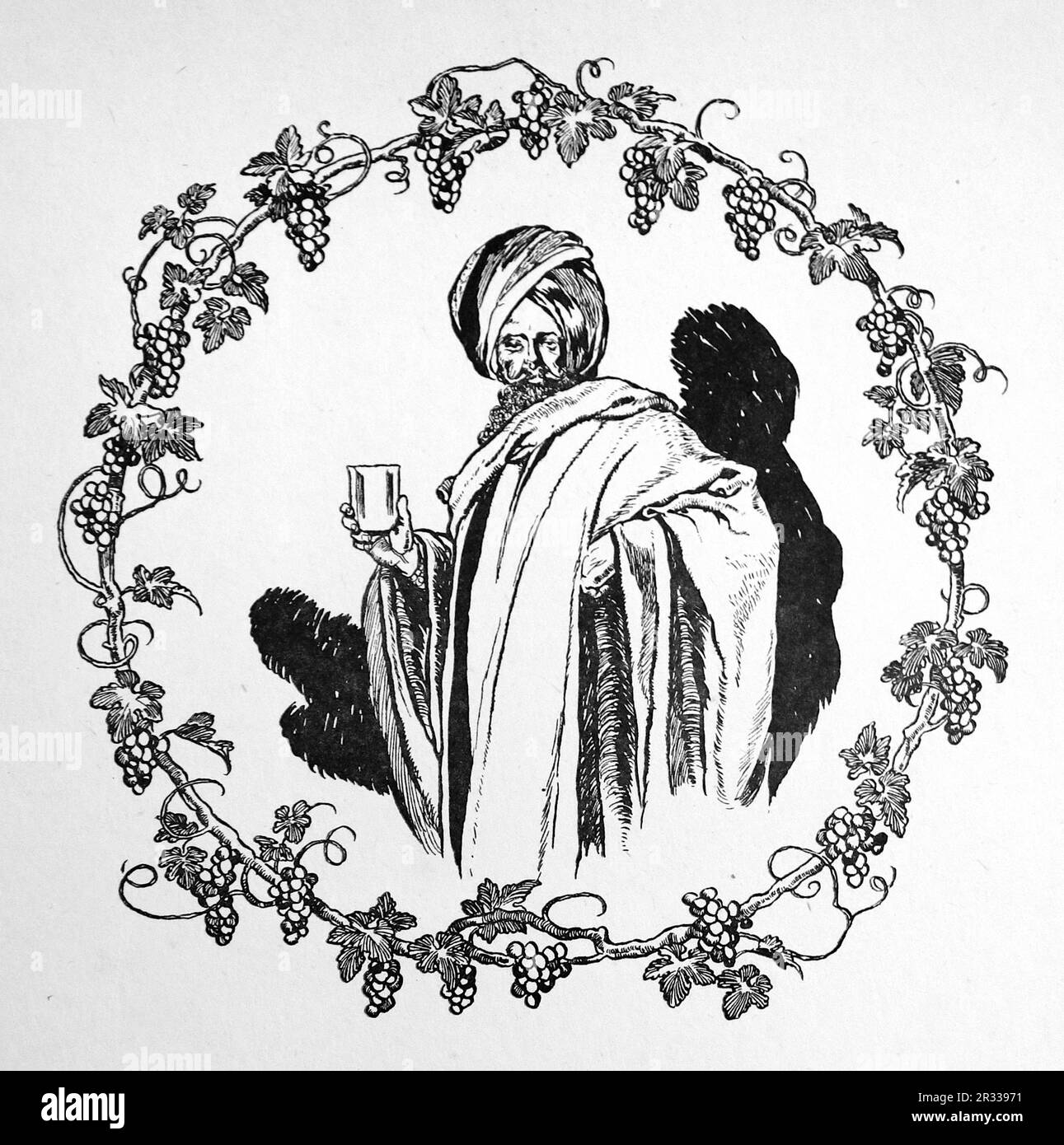 Da parte di Rene Bull Disegno di linea di un uomo che tiene una tazza con una corona floreale intorno a lui. Dal Rubaiyat di Omar Khayyam. Foto Stock