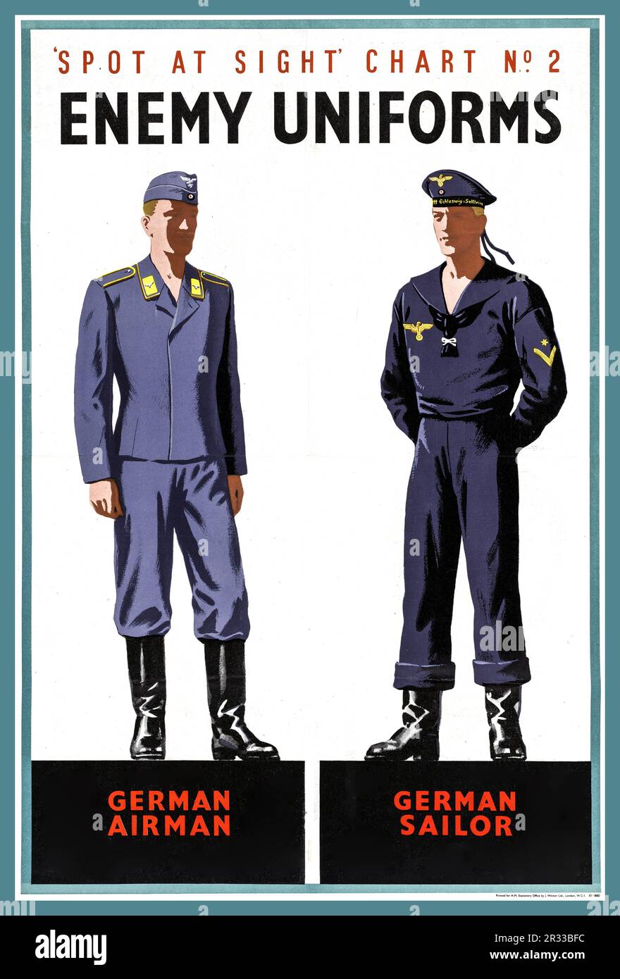 WW2 Poster della seconda guerra mondiale 'UNIFORMI NEMICHE 'Spot at Sight Chart n° 1 - uniformi Enemy - German Airman - German Sailor'. 1940s con le uniformi di Luftwaffe e Kriegsmarine , per aiutare i soldati britannici a identificare le truppe nemiche all'interno della Wehrmacht, e la Marina tedesca nazista, le forze militari della Germania nazista, durante la seconda guerra mondiale Foto Stock