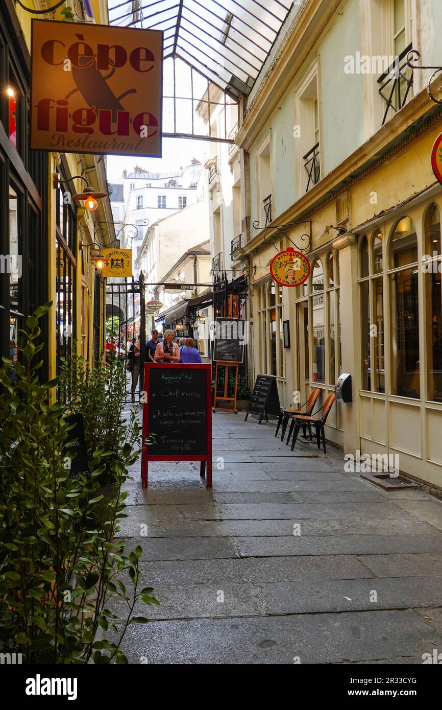 Persone che esplorano il passaggio parzialmente coperto Cour du Commerce Saint-André nel 6th ° arrondissement, riva sinistra, Parigi, Francia. Foto Stock