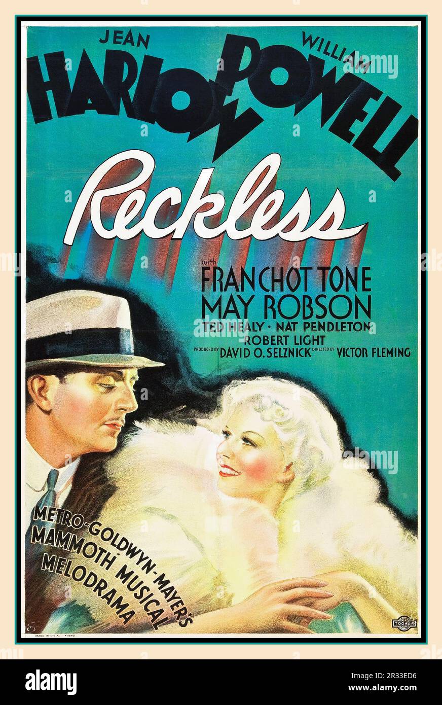 RECKLESS Vintage Movie Poster per il film del 1935 reckless. Con Jean Harlow e William Powell in RECKLESS (1935), diretto da Victor Fleming, MGM Mayers Mammoth Musical Melodramma Hollywood USA Foto Stock
