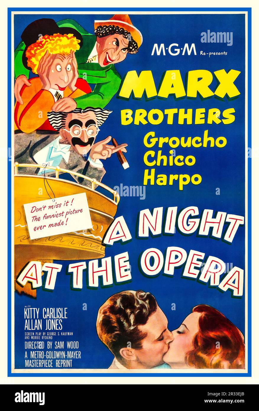 MARX BROTHERS Vintage Film poster per il film di re release 1948 A Night at the Opera. 1948 con i Marx Brothers, GROUCHO, CHICO, HARPO. Con Kitty Carlisle Allen Jones illustrato da al Hirschfeld. Distribuito da MGM.Pictures Hollywood USA Foto Stock