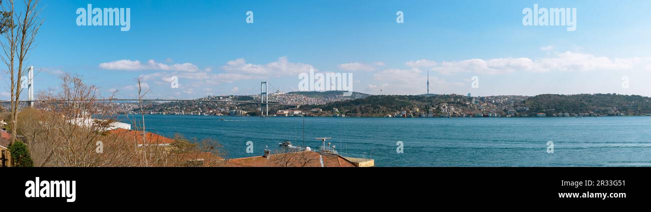 Vista panoramica di Istanbul. Panorama urbano di Istanbul da Besiktas. Ponte sul Bosforo e quartiere di Uskudar con colline di Camlica. Foto Stock