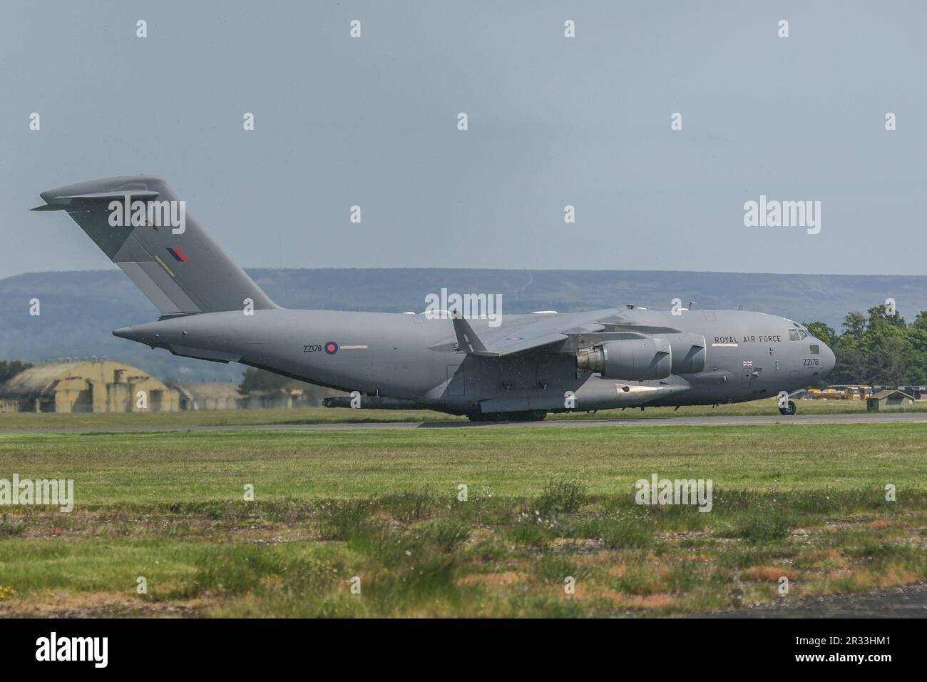 RAF Boeing C-17 Globemaster decollo a RAF Leeming, Leeming Bar, Regno Unito, 22nd maggio 2023 (Foto di Mark Cosgrove/News Images) Foto Stock