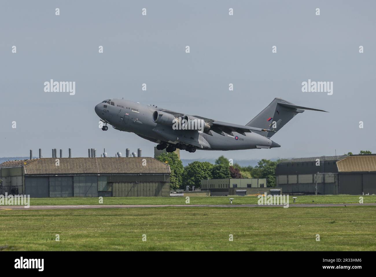 RAF Boeing C-17 Globemaster decollo a RAF Leeming, Leeming Bar, Regno Unito, 22nd maggio 2023 (Foto di Mark Cosgrove/News Images) Foto Stock