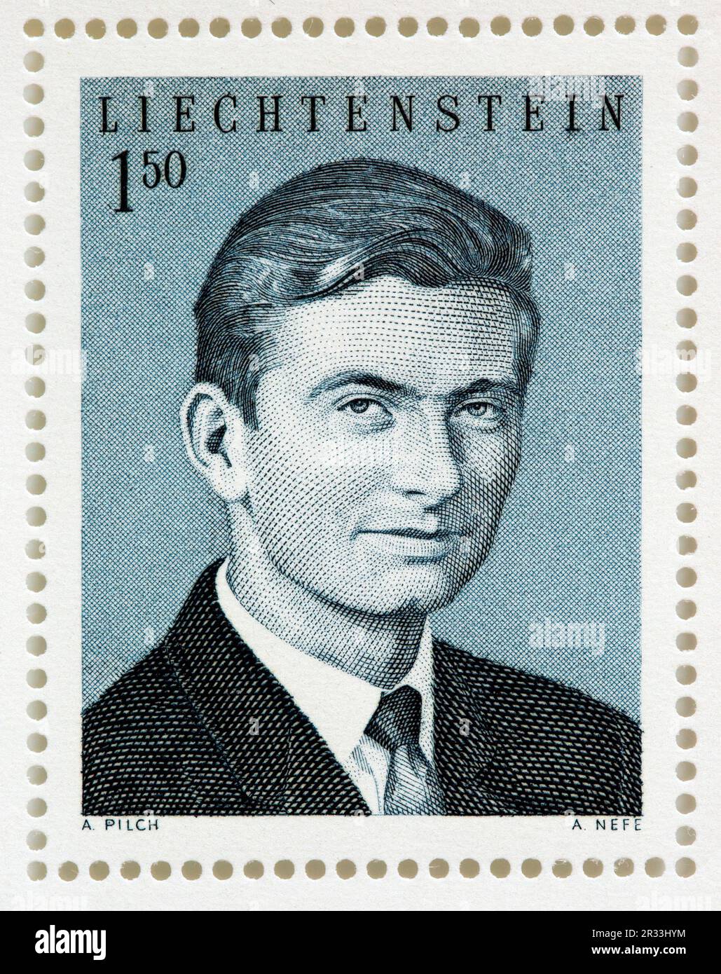 Ritratto inciso del principe Hans-Adam II del Liechtenstein su un francobollo del 1967 che commemora il suo matrimonio con la contessa Marie Kinsky di Wchinitz e T. Foto Stock