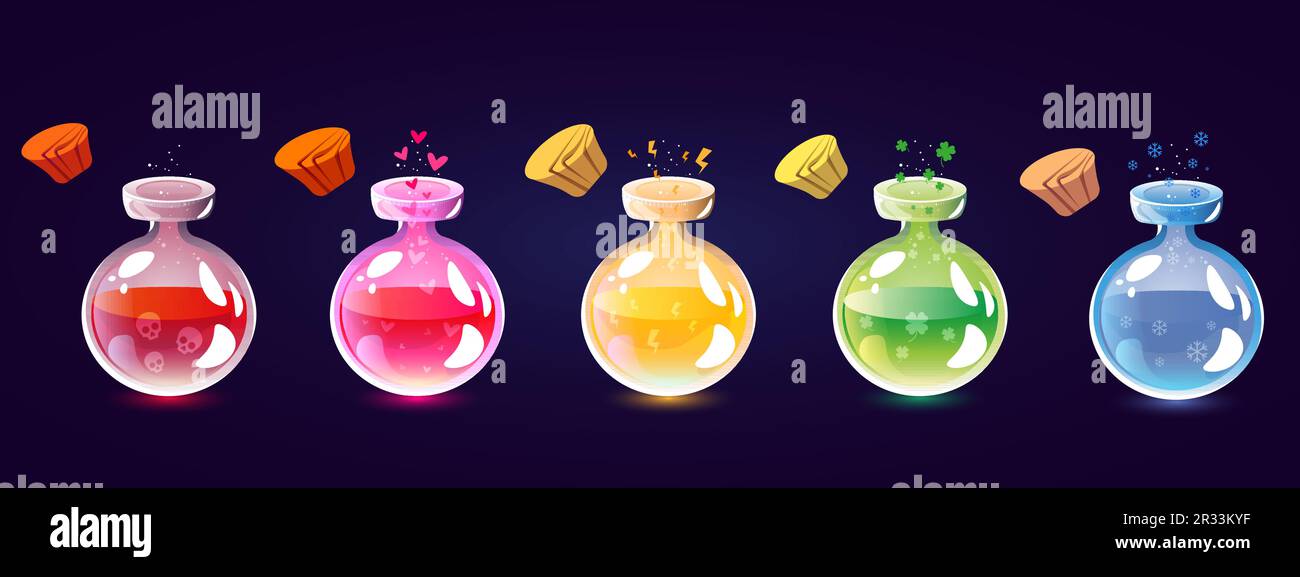 bottiglie di energia gelo amore pozioni di buona fortuna e di sughero veleno Illustrazione Vettoriale