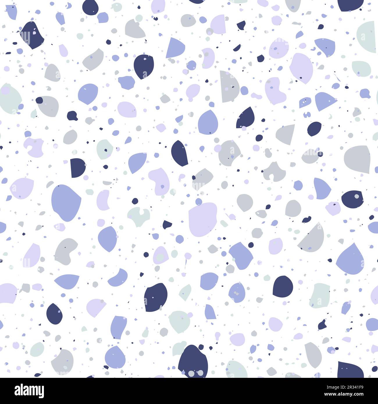 Pavimento in terrazzo viola con motivo senza cuciture. Simpatico sfondo neutro astratto. Struttura vettoriale del pavimento a mosaico. Lilla, viola e grigio. Alla moda Illustrazione Vettoriale