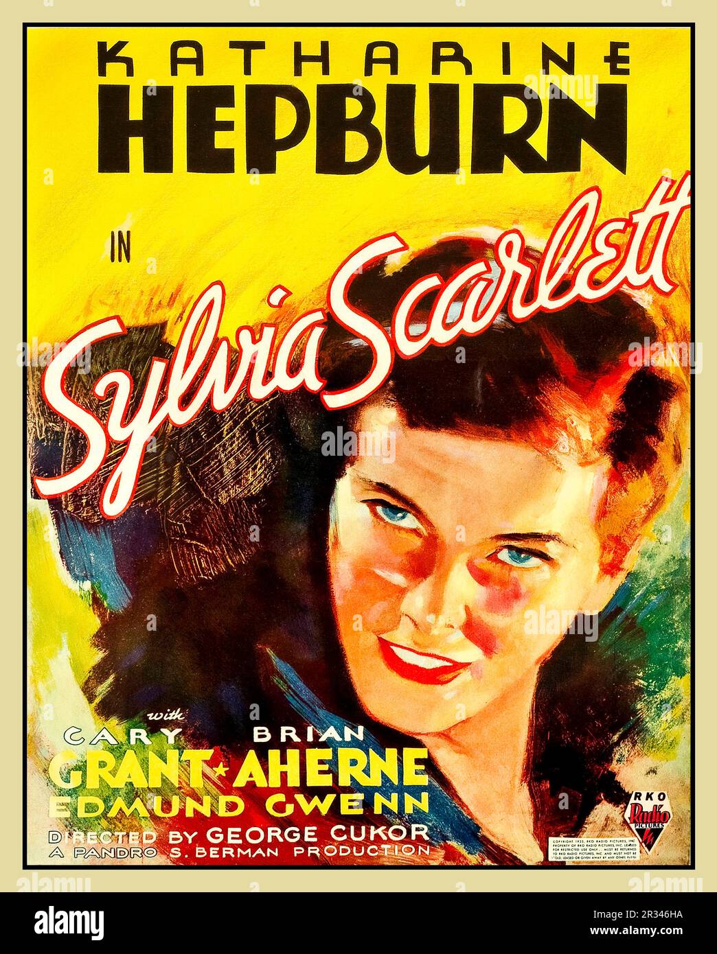 Poster del film d'epoca del 1930s 'Sylvia Scarlet' un film comico romantico americano del 1935 con Katharine Hepburn e Cary Grant, basato su The Early Life and Adventures of Sylvia Scarlett, un romanzo del 1918 di Compton MacKenzie. Diretto da George Cukor, era noto come uno dei più famosi film falliti degli anni '1930s. Data di uscita: 3 gennaio 1936 (USA) Direttore: George Cukor Foto Stock
