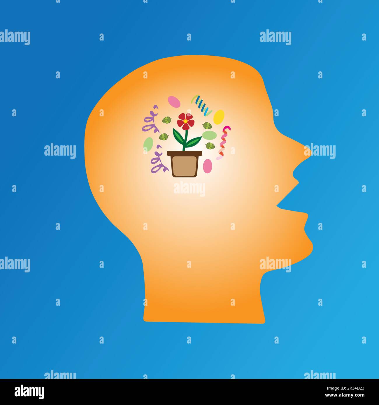 Testa di una persona con un fiore in una pentola all'interno, salute mentale e concetto di benessere emotivo Illustrazione Vettoriale