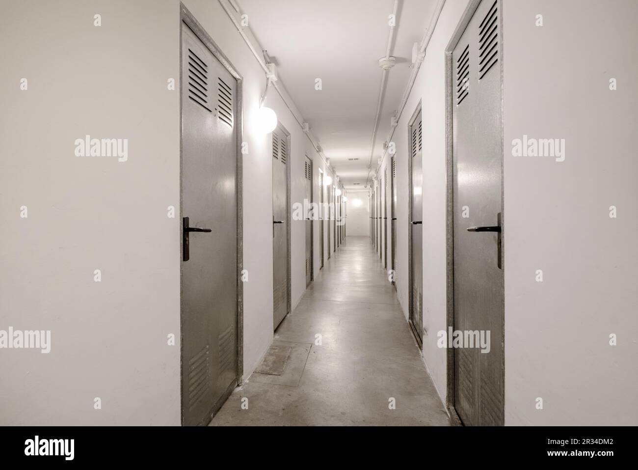 Un lungo corridoio fiancheggiato da porte di stoccaggio in metallo al piano terra di un edificio residenziale con pareti dipinte di bianco e pavimenti in cemento lucidato Foto Stock