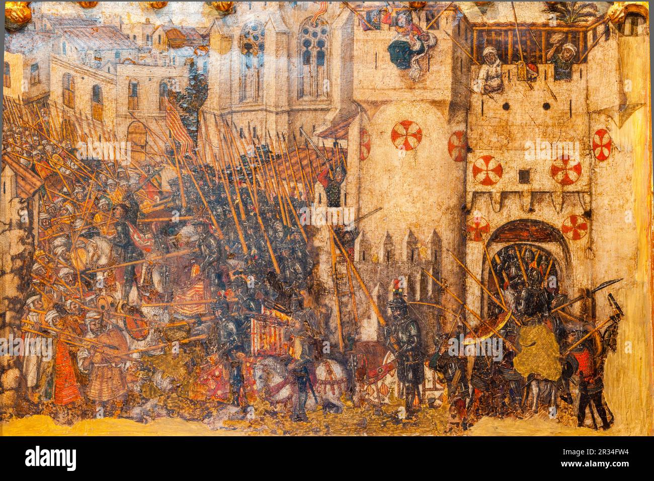 Ingresso dell'esercito cristiano nella città di maiorca nel 1229, anni 1468-1470, Pere Nichard, olio su legno, Palau Episcopal, -Museu Diocesà de Mallorca-, i lavori medievali iniziarono il XIII secolo, maiorca, isole baleari, spagna, europa. Foto Stock