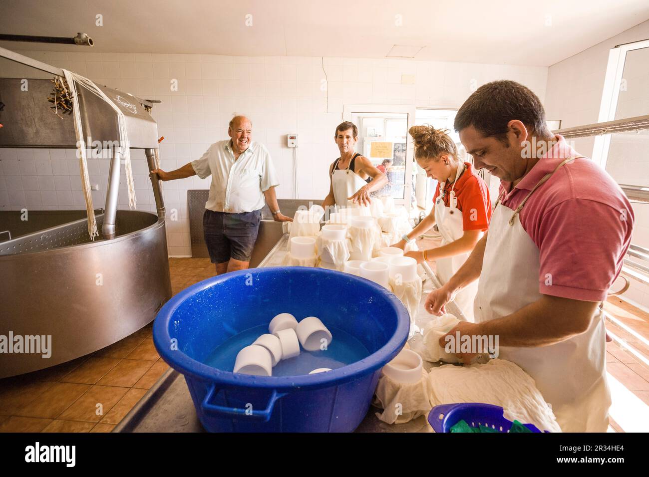 Fabricacion artesanall de queso Binibeca de cabra, finca Alcaiduset, Alaior Menorca, Islas Baleares, España, Europa. Foto Stock