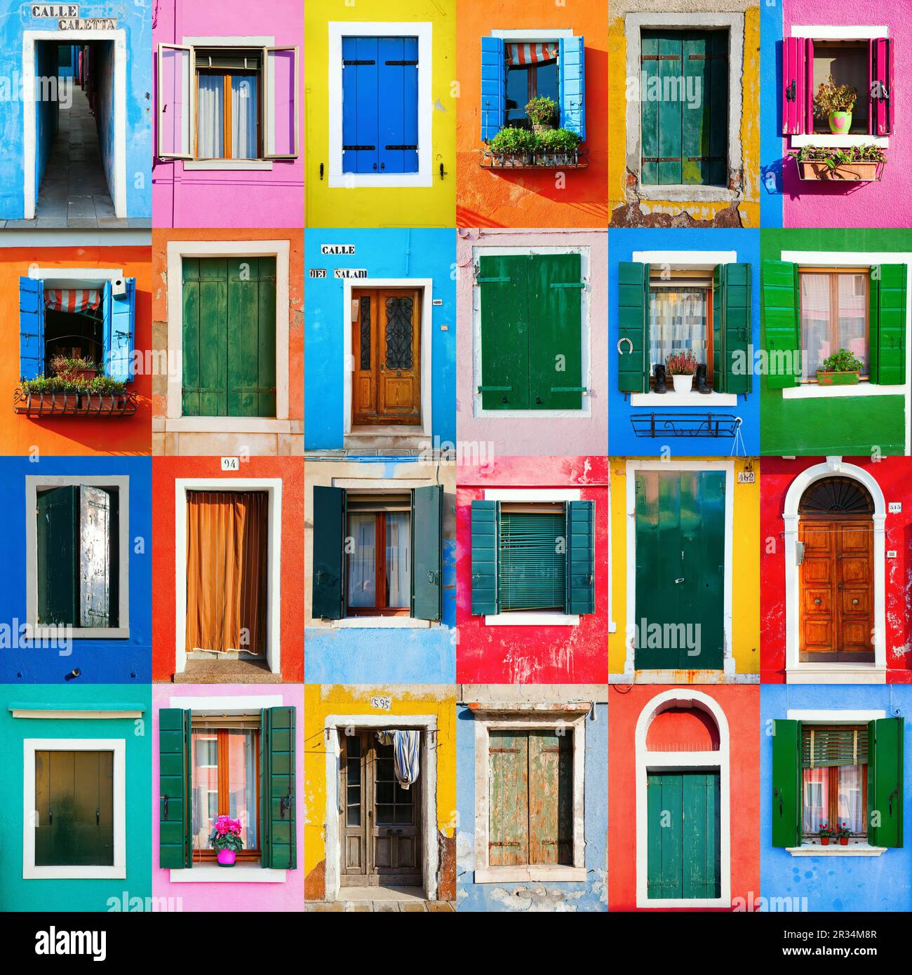 Collage di finestre e porte colorate di Burano, Venezia, Italia Foto Stock