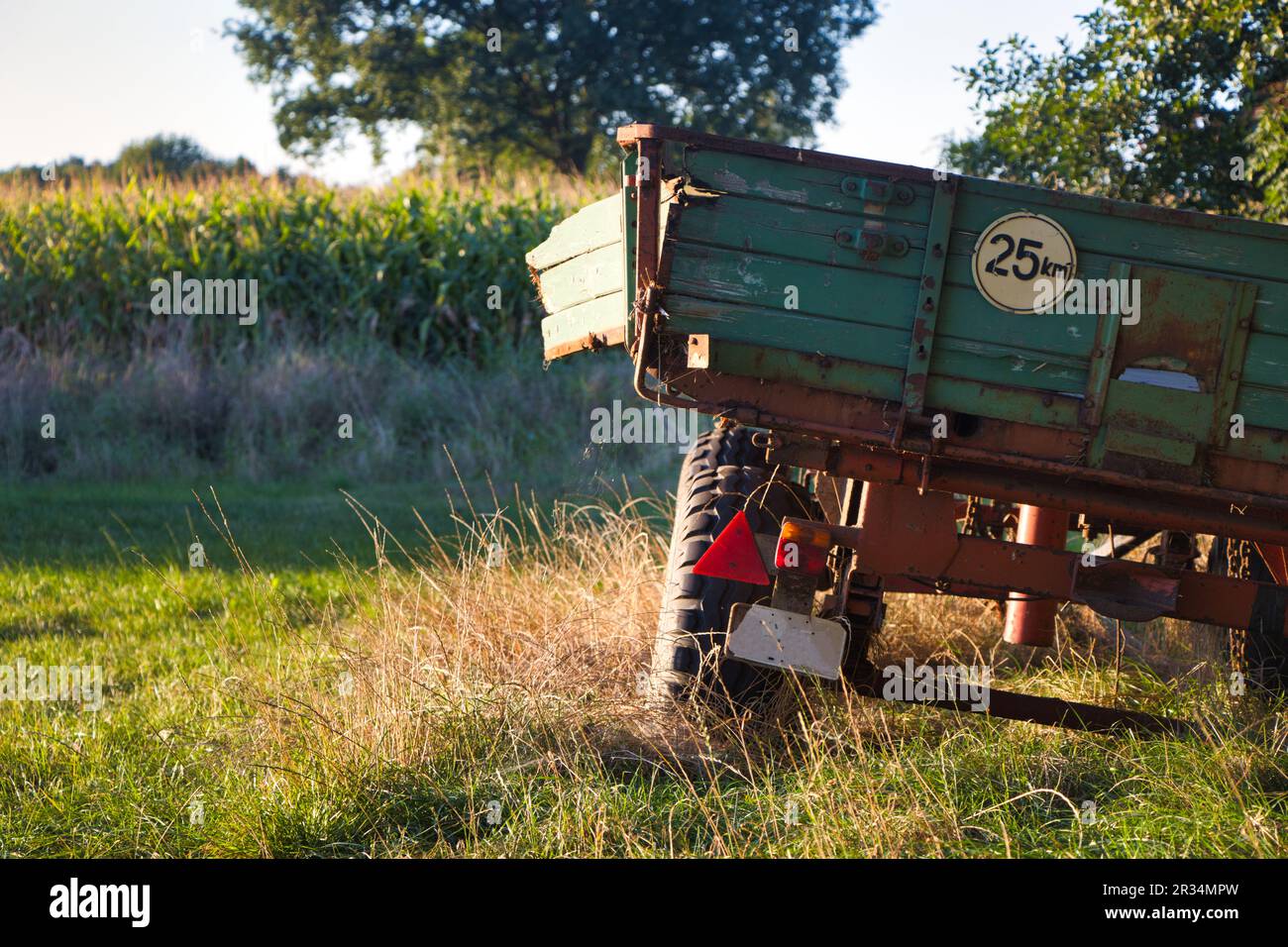 Il vecchio rimorchio si stacca sul bordo di un campo in Emsland Foto Stock