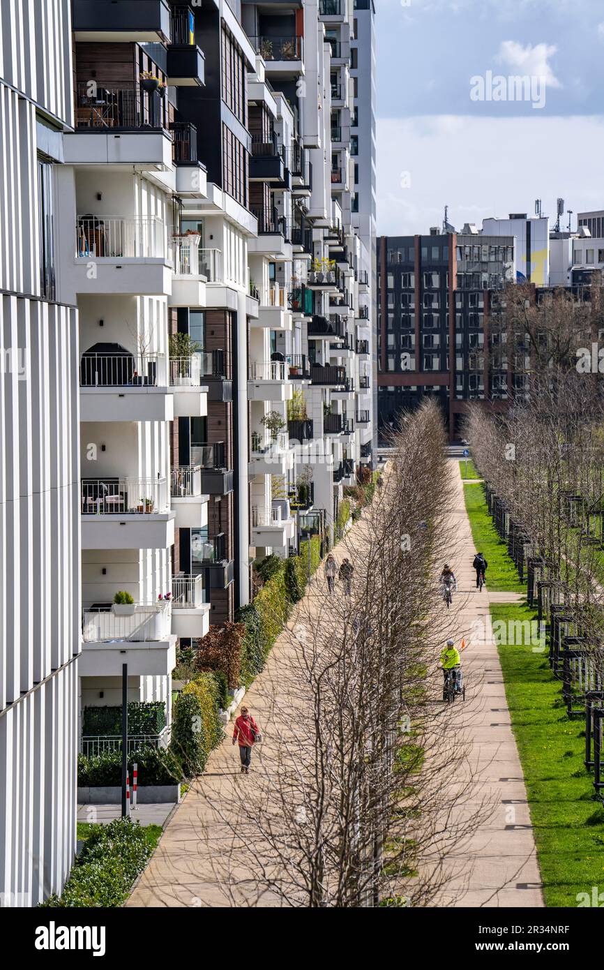 Moderno quartiere residenziale lungo Toulouser Allee, alti edifici con appartamenti e uffici, su ex siti ferroviari, stazione merci, industriale esta Foto Stock