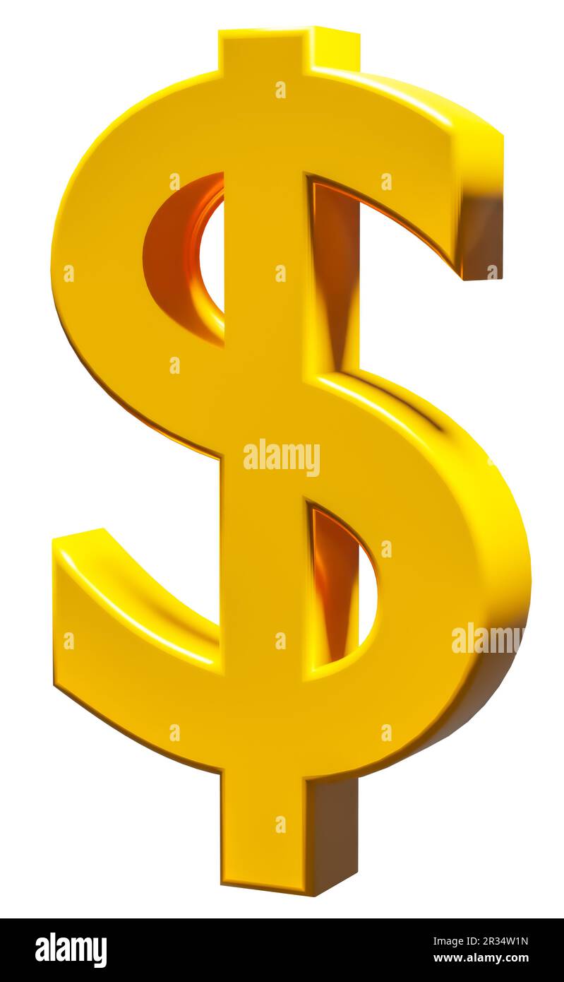 Simbolo finanziario e commerciale. Simbolo del dollaro d'oro isolato su sfondo bianco Foto Stock